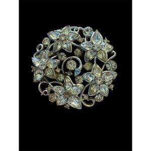 Vtg 2” Clear Rhinestone Round Floral Sparkling Brooch MCM 1950’s
